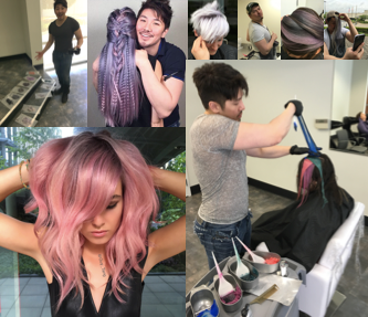 collage images of guy tang working in the salon