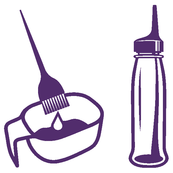 an icon image of a hair color application bottle, bowl and brush